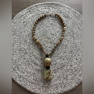 Statement Jade Bead Necklace with Carved Jade Pendant